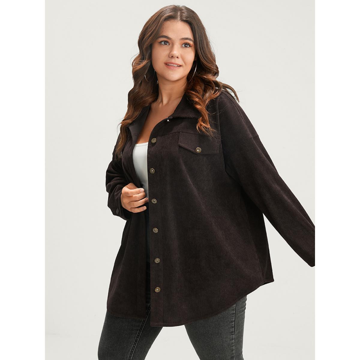 Plus Size Solid Button Up Pocket Corduroy Coat Women DarkBrown Casual Button Ladies Dailywear Winter Coats BloomChic 28/5X Product Image