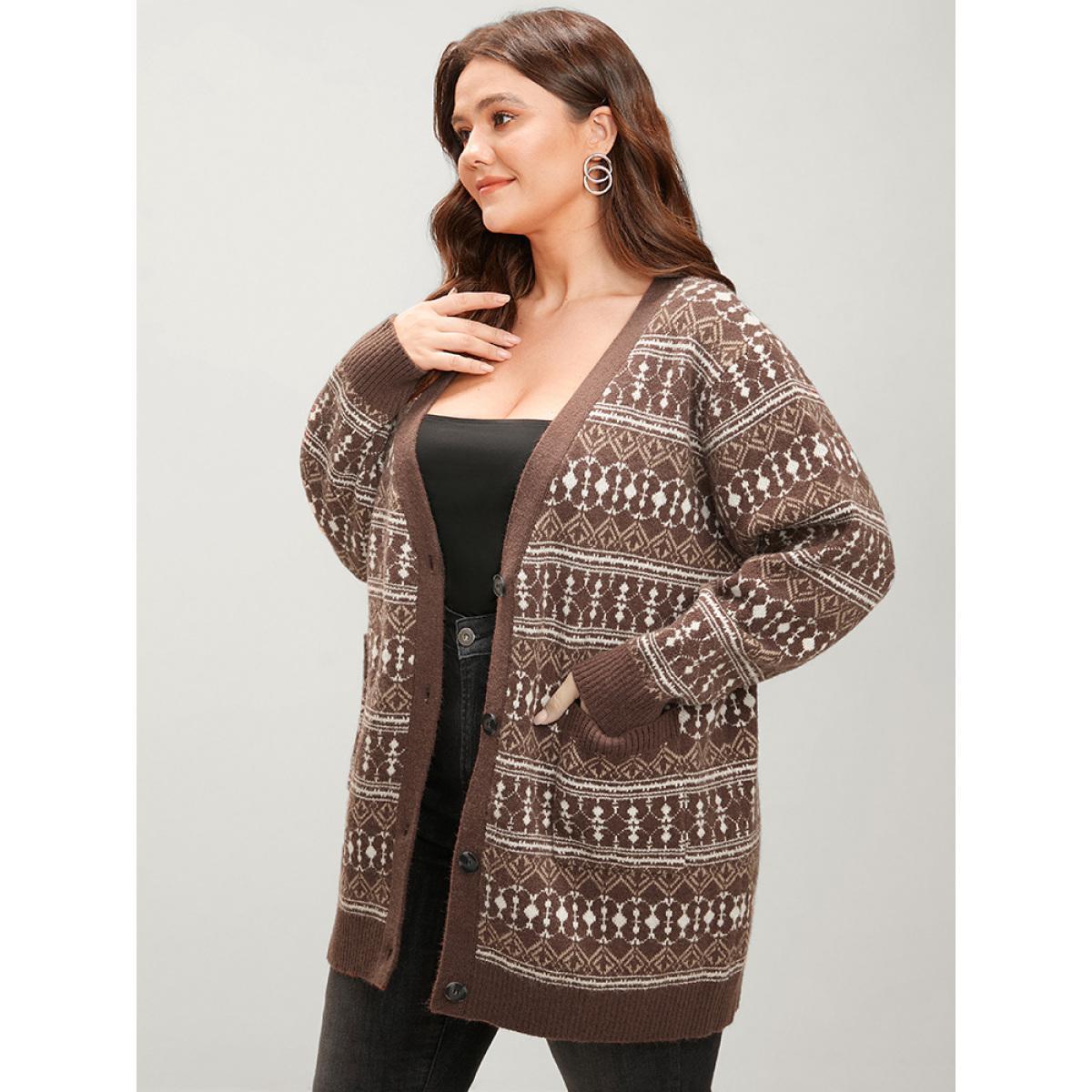 Plus Size Bandana Contrast Super Soft Knit Pocket Open Front Cardigan Tan Women Casual Loose Long Sleeve Dailywear Cardigans BloomChic 10/M Product Image