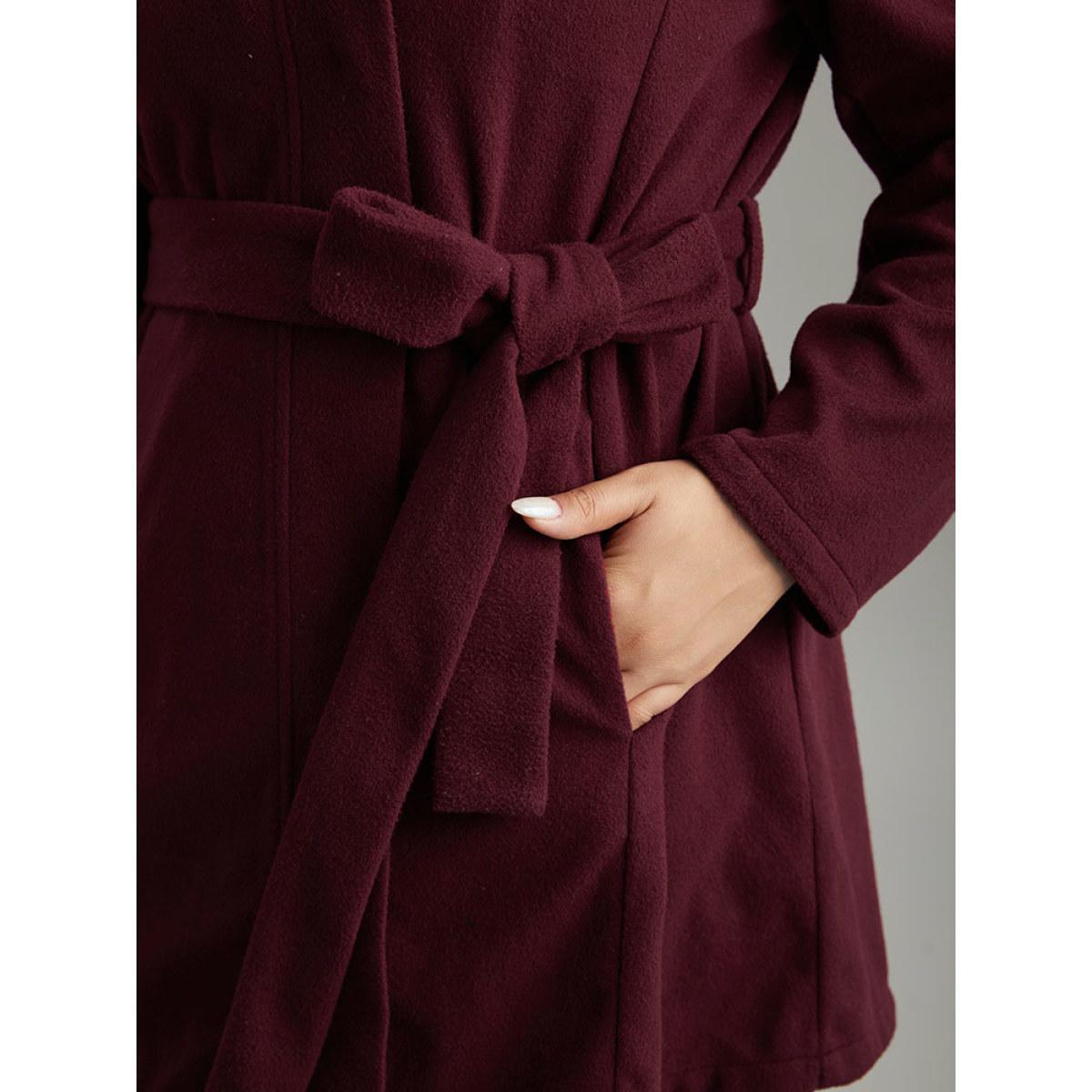 Plus Size Solid Button Fly Stand Collar Belted Pocket Coat Women Burgundy Casual Plain Ladies Everyday Winter Coats BloomChic 14-16/1X Product Image