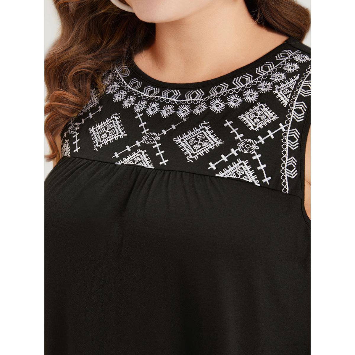 Plus Size Embroidered Pocket Patchwork Tank Midi Dress Black Women Casual Plain Round Neck Sleeveless Curvy Knee Dress BloomChic 14-16/1X Product Image