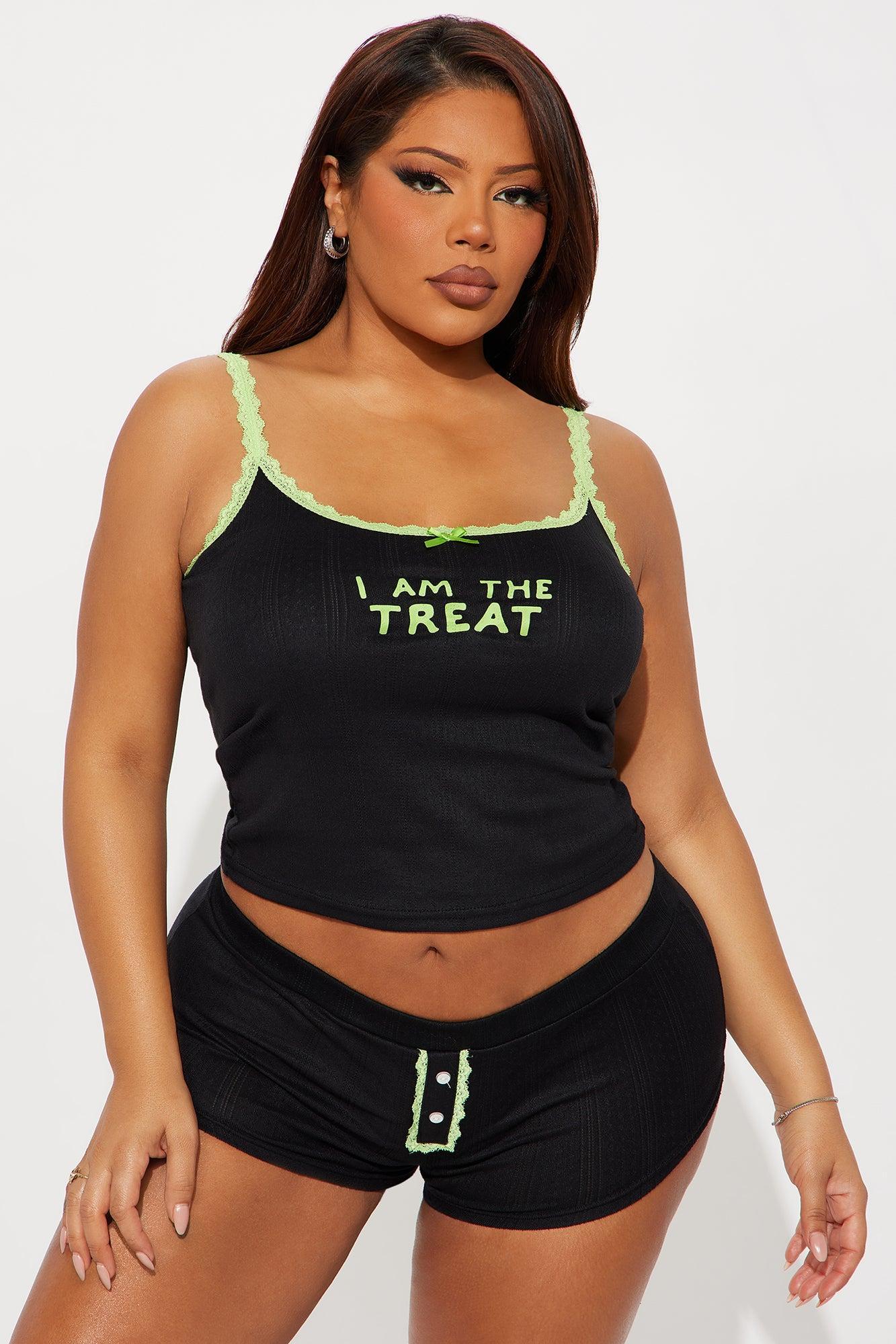 I Am The Treat Halloween 2 Piece Pointelle Cami And Panty Set - Black/Green Product Image