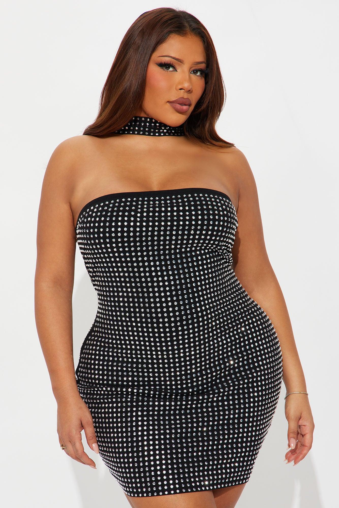 Leila Rhinestone Mini Dress - Black Product Image