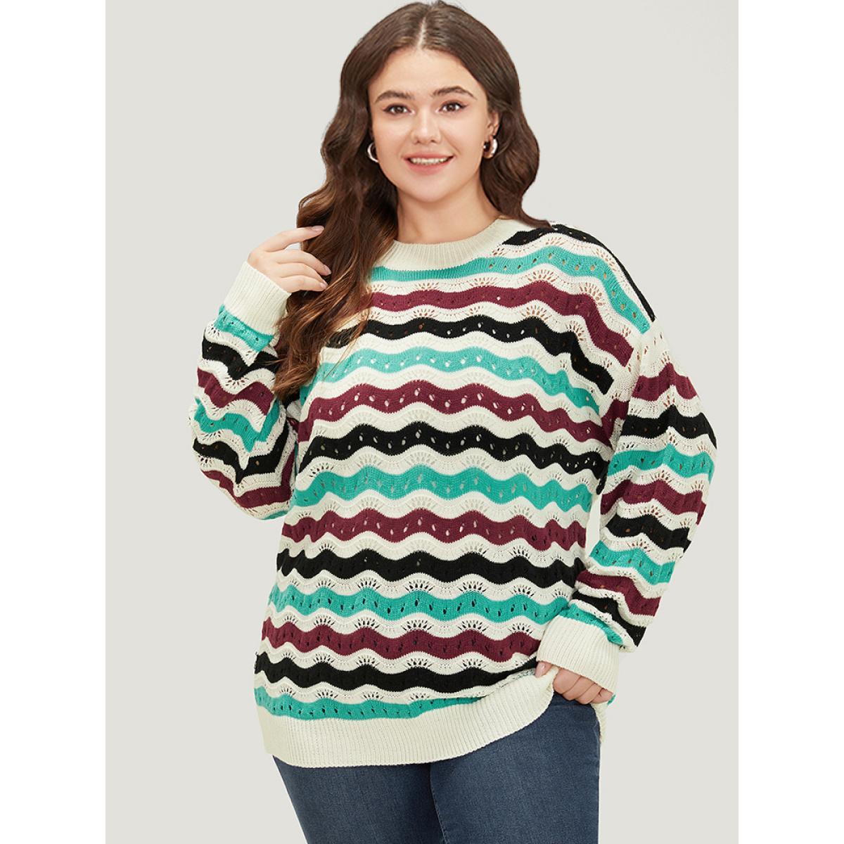Plus Size Contrast Water Ripple Cut Out Elastic Cuffs Pullover Multicolor Women Casual Loose Long Sleeve Round Neck Dailywear Pullovers BloomChic 30/6X Product Image