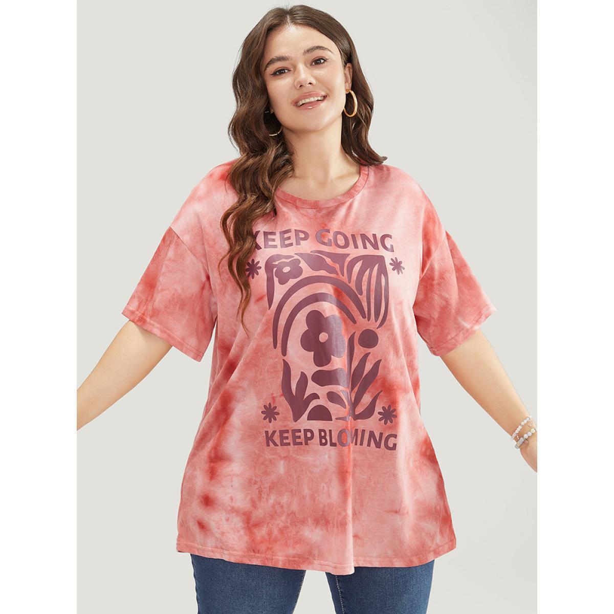 Plus Size Slogan & Floral Crew Neck Short Sleeve Tie Dye T-shirt Coral Women Casual Printed Natural Flowers Dailywear T-shirts BloomChic 12/L Product Image