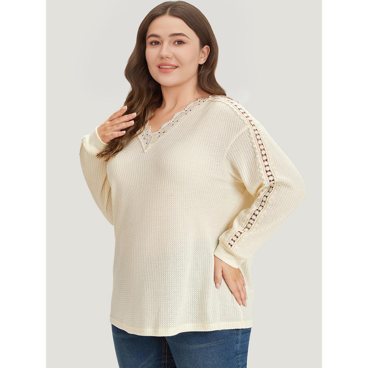Plus Size Solid Crochet Lace V Neck Sweatshirt Women Ivory Elegant Lace V-neck Dailywear Sweatshirts BloomChic 30/6X Product Image