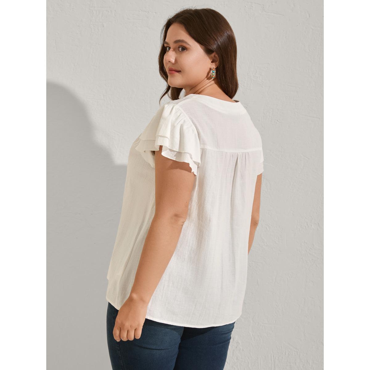 Plus Size Originalwhite Cotton Lace Eyelet Trim Layered Sleeve Blouse Women Cap Sleeve Flat collar with V-notch Vacation Blouses BloomChic 28/5X Product Image