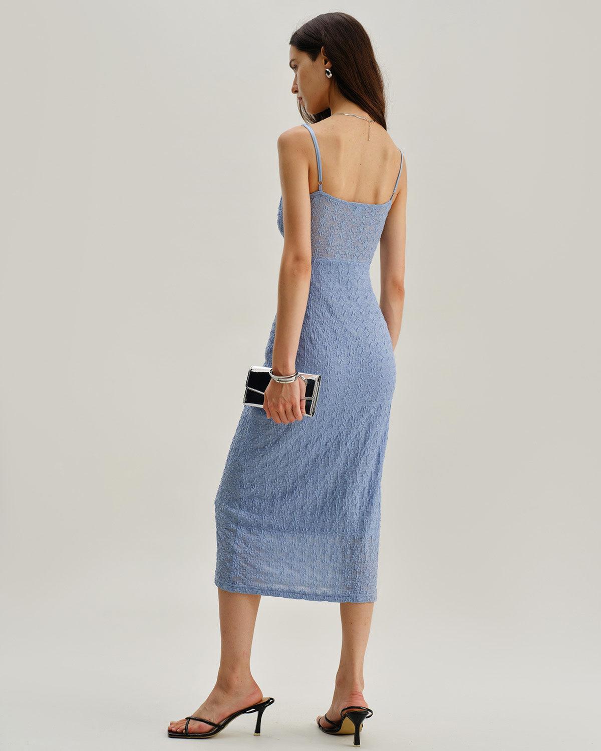 Blue Lace Slip Bodycon Midi Dress Product Image