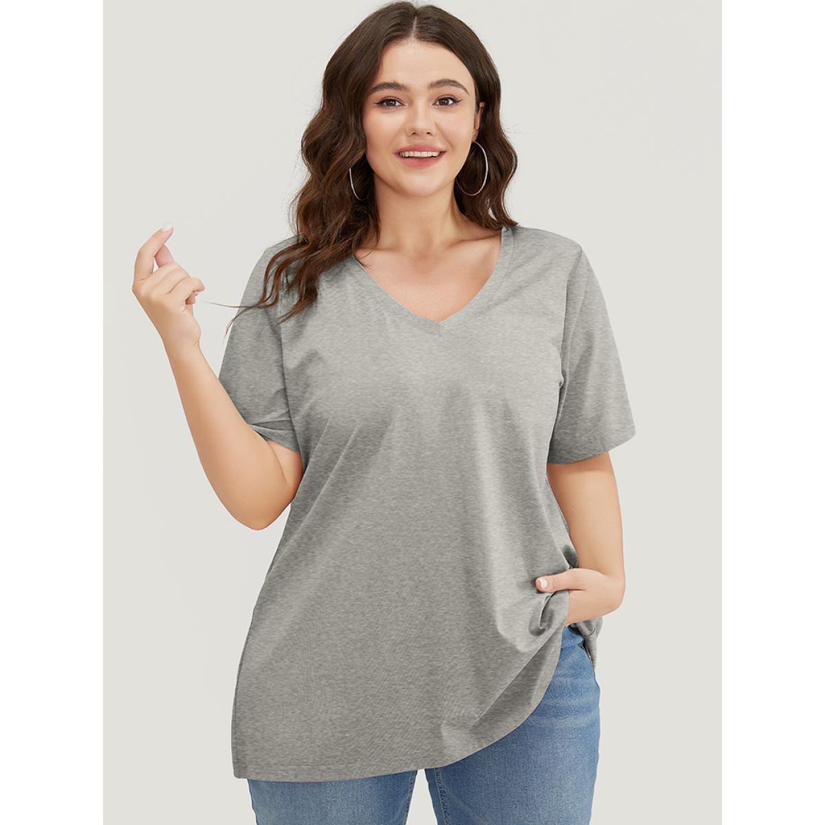 Plus Size UltraCool Solid V Neck T-shirt Gray Women Basics Plain V-neck Dailywear T-shirts BloomChic 12/L Product Image