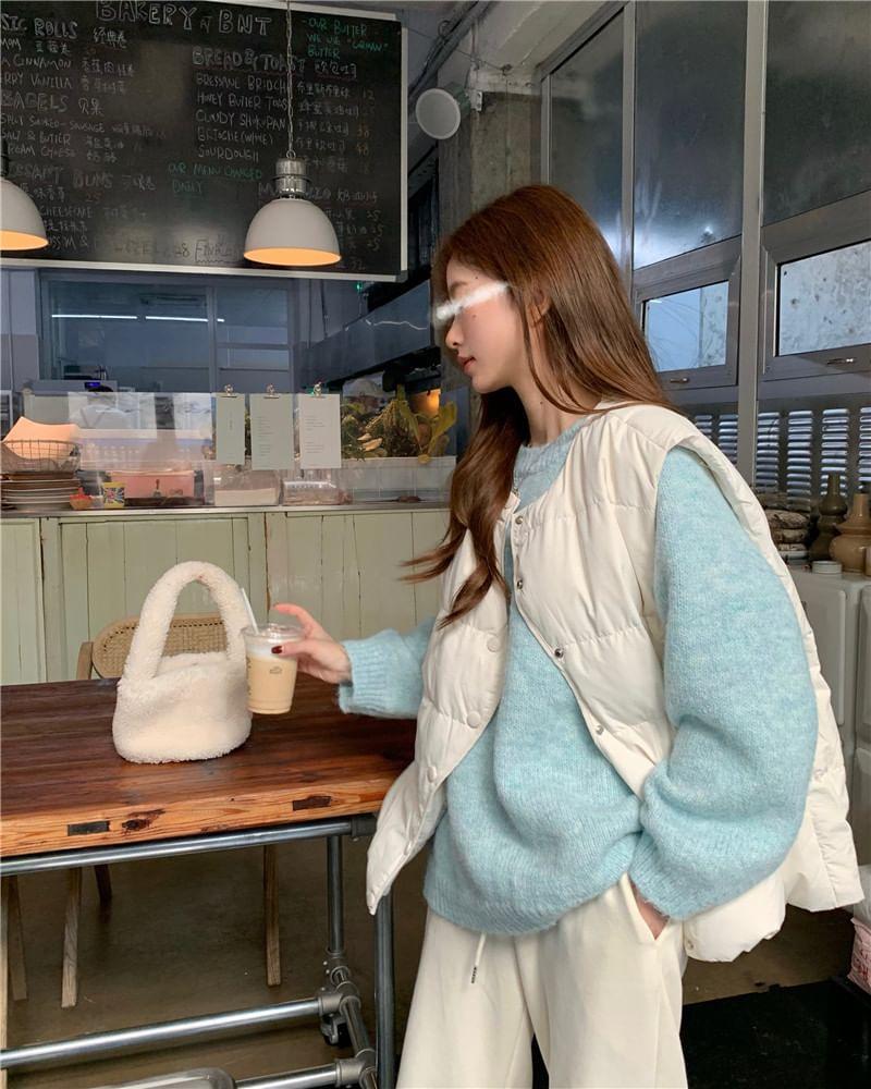 Round Neck Plain Button-Up Puffer Vest / Sweater Product Image