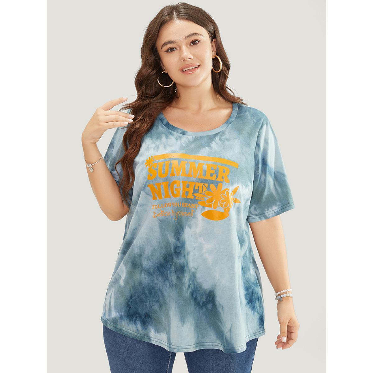 Plus Size Tie Dye Round Neck Letter Graphic T-shirt SlateGray Women Casual Printed Letter Dailywear T-shirts BloomChic 22-24/3X Product Image