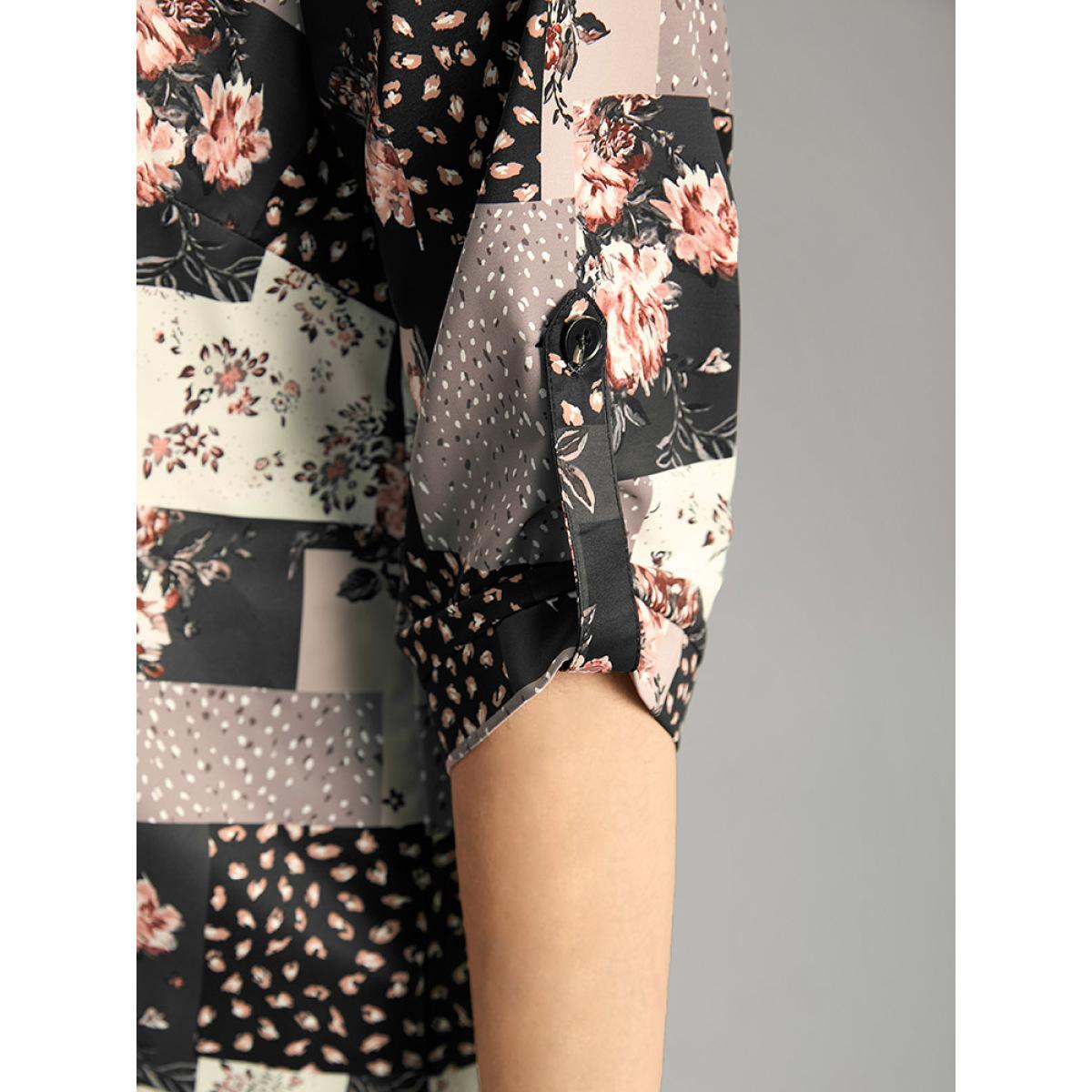 Plus Size BlackFlower Floral Colorblock Contrast Tab Sleeve Blouse Women Elegant Elbow-length sleeve V-neck Dailywear Blouses BloomChic 26/4X Product Image