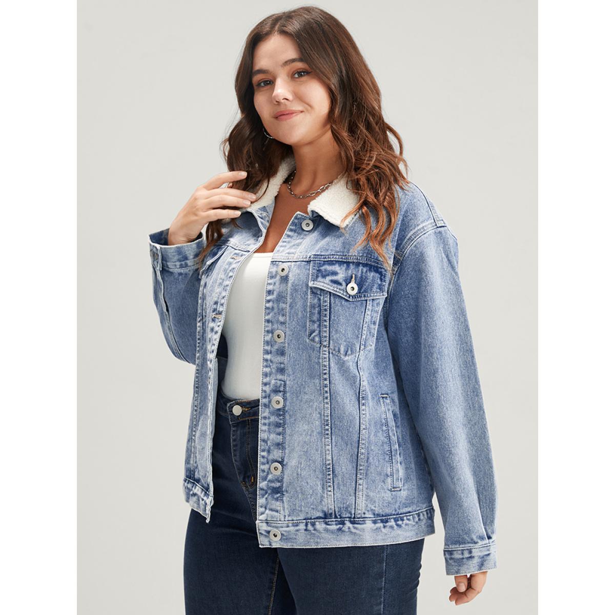 Women Solid Pocket Button Front Medium Wash Denim Jacket Aegean Plus Size Plain Dailywear Pocket Casual Denim Jackets BloomChic 10/M Product Image