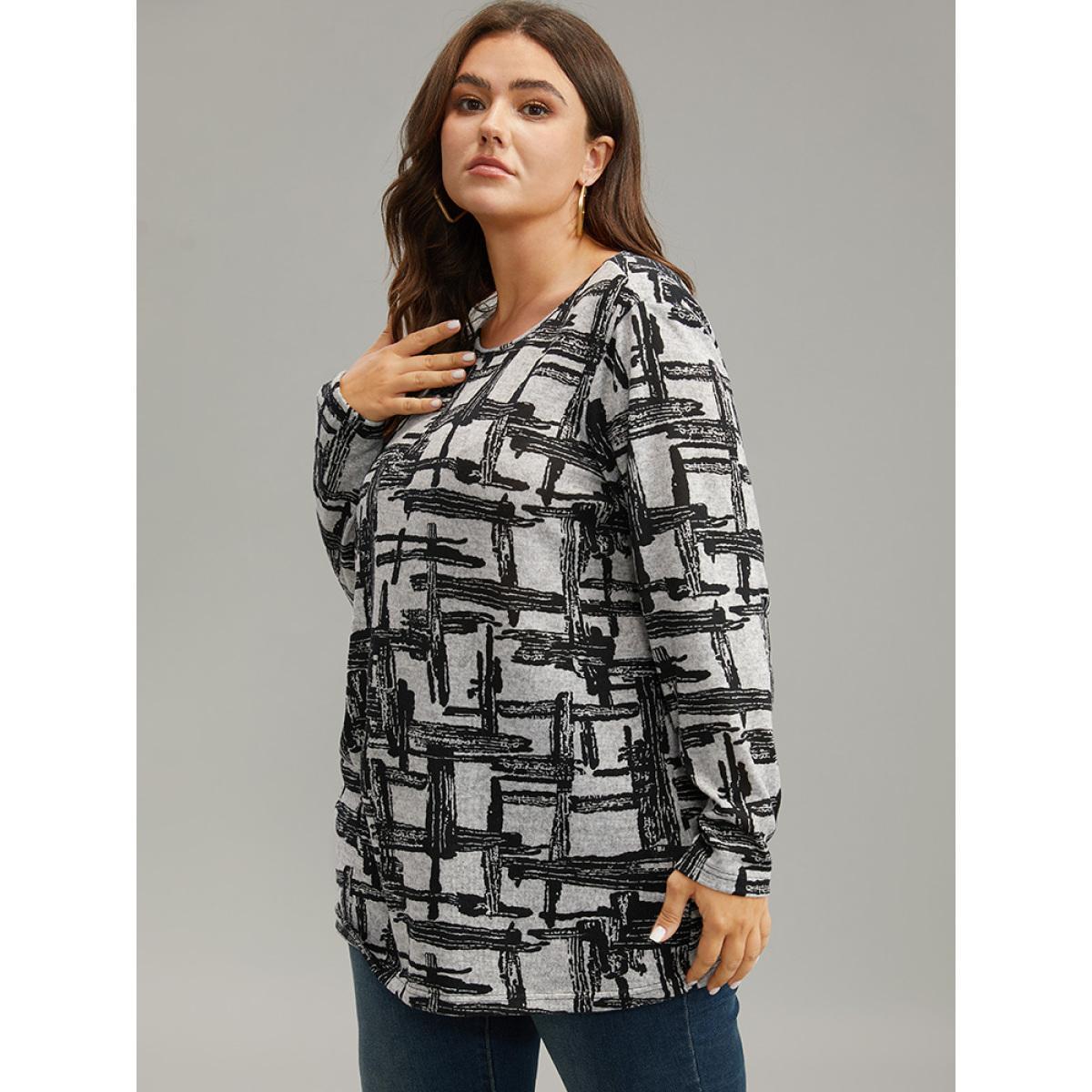 Plus Size Plaid Graffiti Round Neck T-shirt DimGray Women Casual Printed Graffiti Round Neck Dailywear T-shirts BloomChic 10/M Product Image