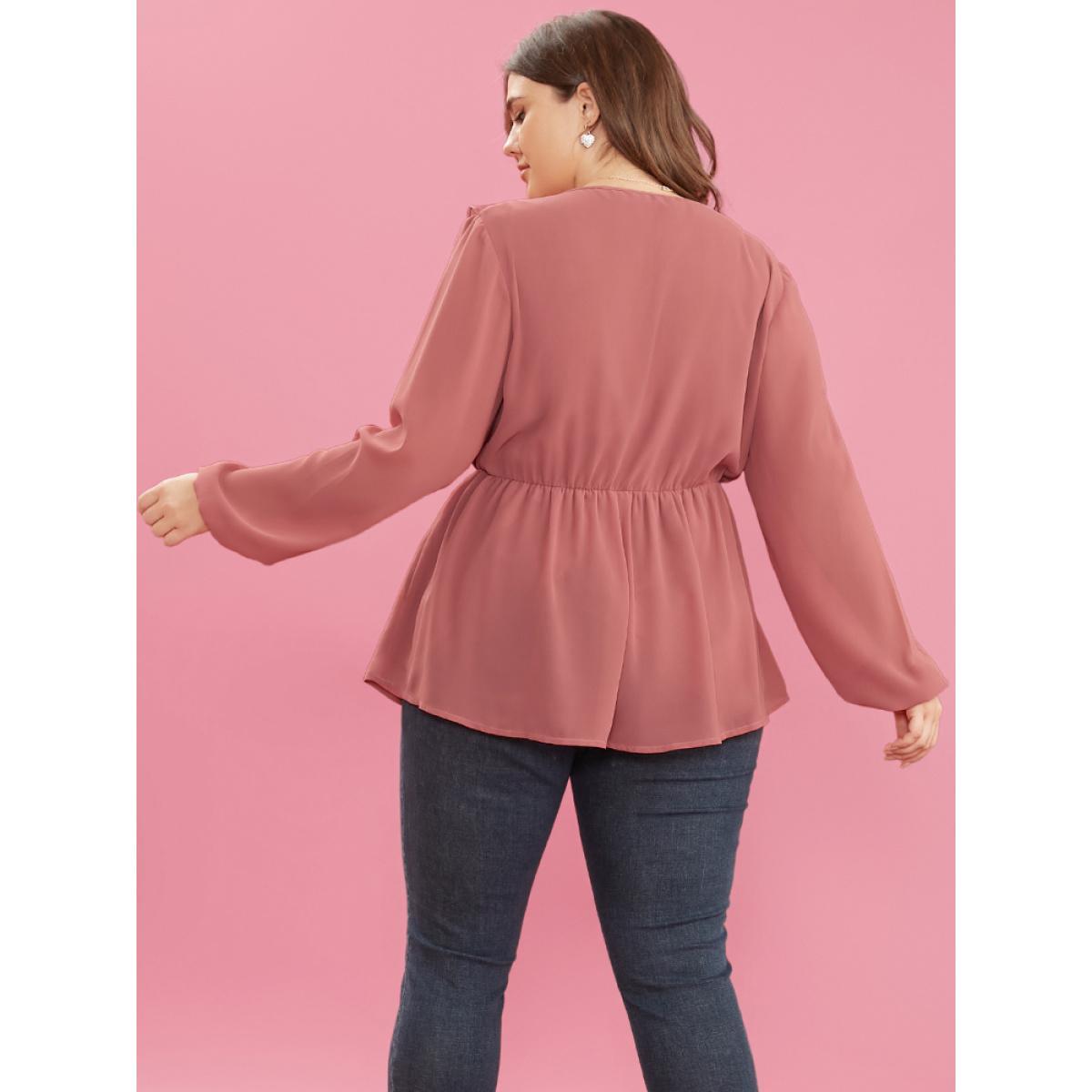 Plus Size DustyPink Solid Lantern Sleeve Pleated Ruffle Trim Wrap Blouse Women Elegant Long Sleeve V-neck Dailywear Blouses BloomChic 14-16/1X Product Image