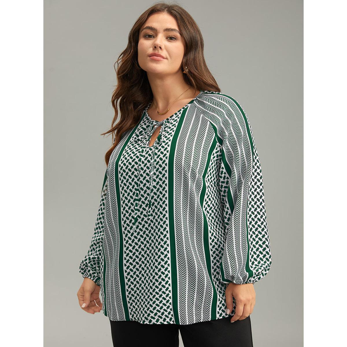Plus Size DarkGreen Geo Striped Tie Lantern Sleeve Blouse Women Resort Long Sleeve Tie Neck Vacation Blouses BloomChic 22-24/3X Product Image