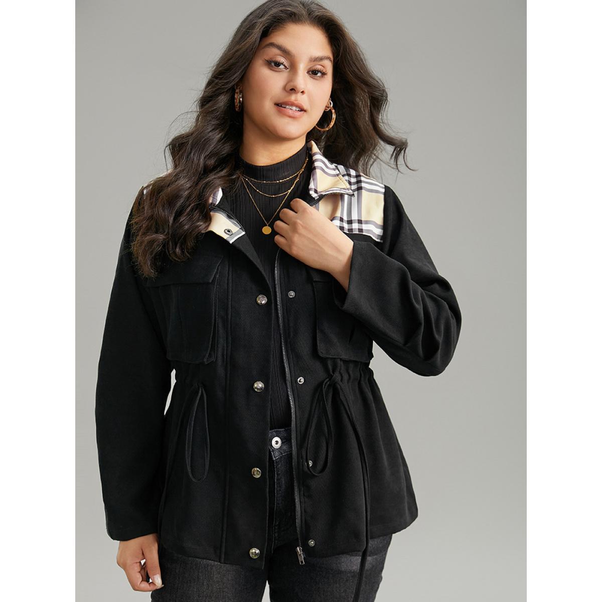 Plus Size Plaid Patchwork Drawstring Zipper Fly Flap Pocket Coat Women Black Casual Contrast Ladies Everyday Winter Coats BloomChic 30/6X Product Image
