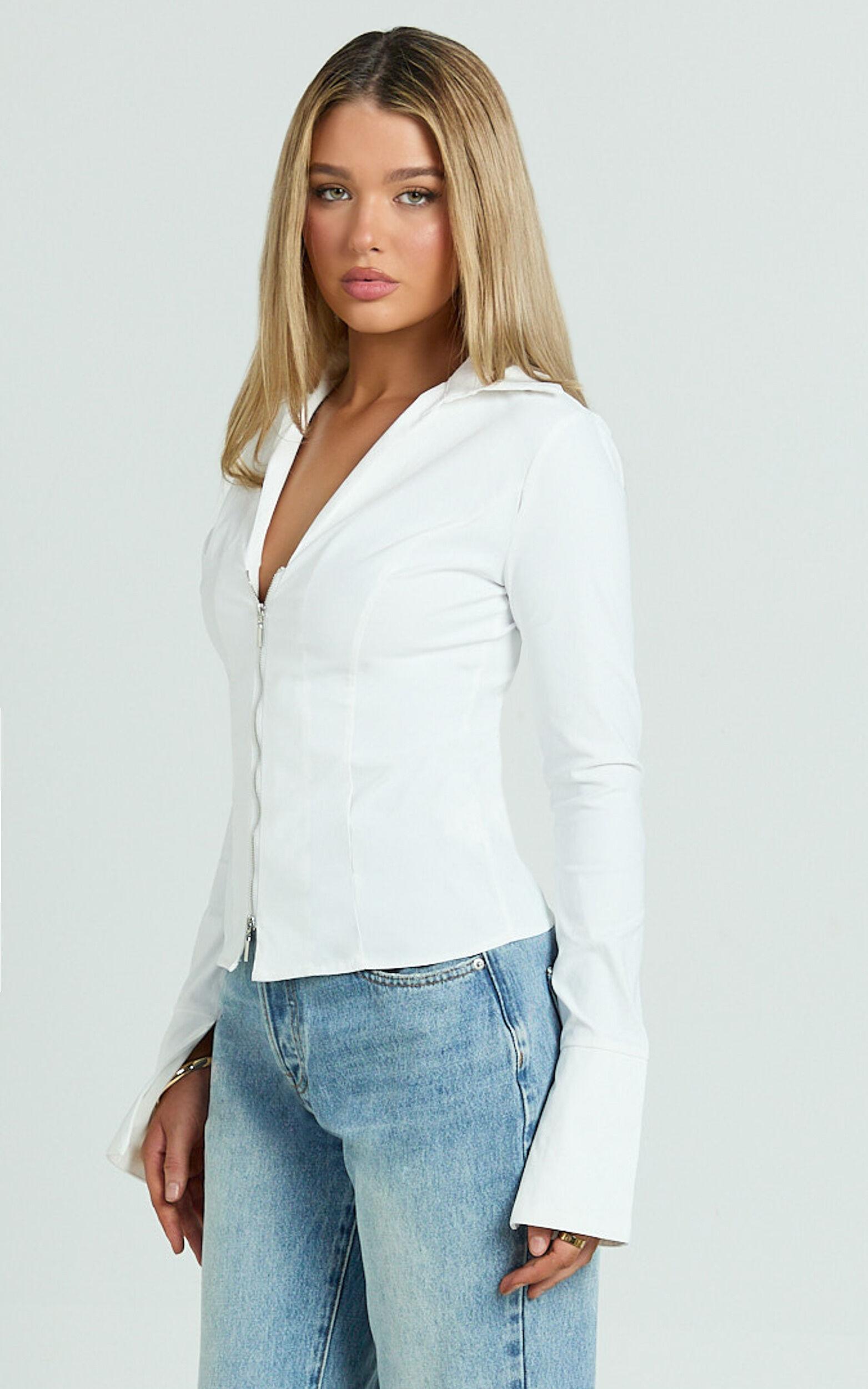 Hartley Top - Long Sleeve Zip Through Fitted Shirt in White Product Image
