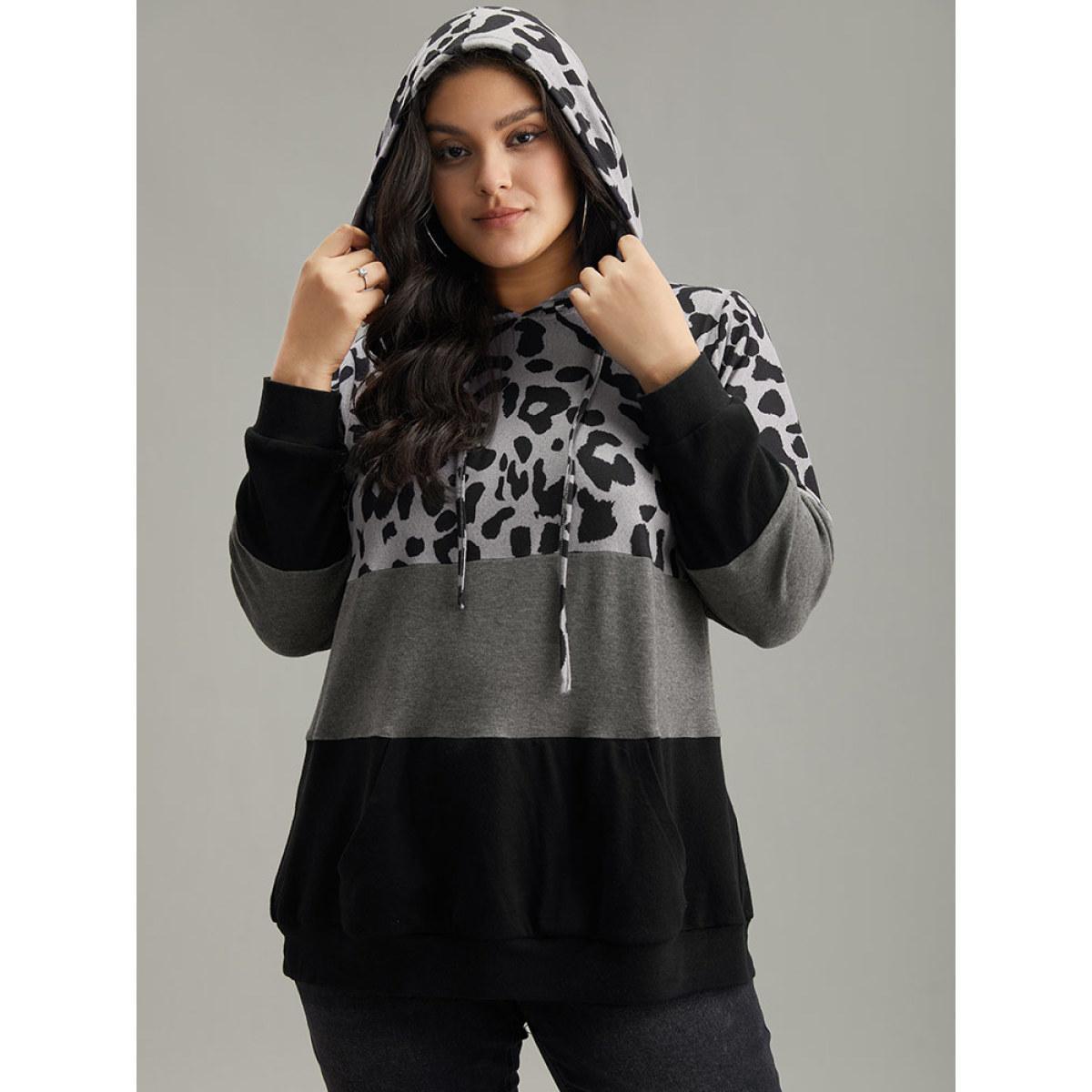 Plus Size Leopard Colorblock Contrast Hooded Drawstring Sweatshirt Women Black Casual Contrast Hooded Dailywear Sweatshirts BloomChic 30/6X Product Image