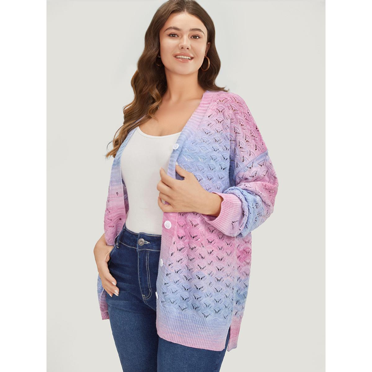 Plus Size Ombre Button Through Hollow Out Cardigan Multicolor Women Casual Loose Long Sleeve Dailywear Cardigans BloomChic 10/M Product Image