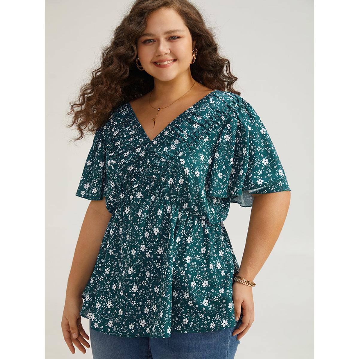 Plus Size Cyan Ditsy Floral Flutter Sleeve Ruched Blouse Women Elegant Short sleeve V-neck Dailywear Blouses BloomChic 28/5X Product Image