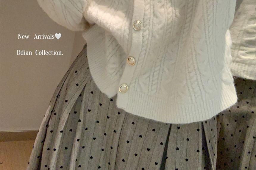 V-Neck Plain Cable Knit Button-Up Crop Cardigan Product Image