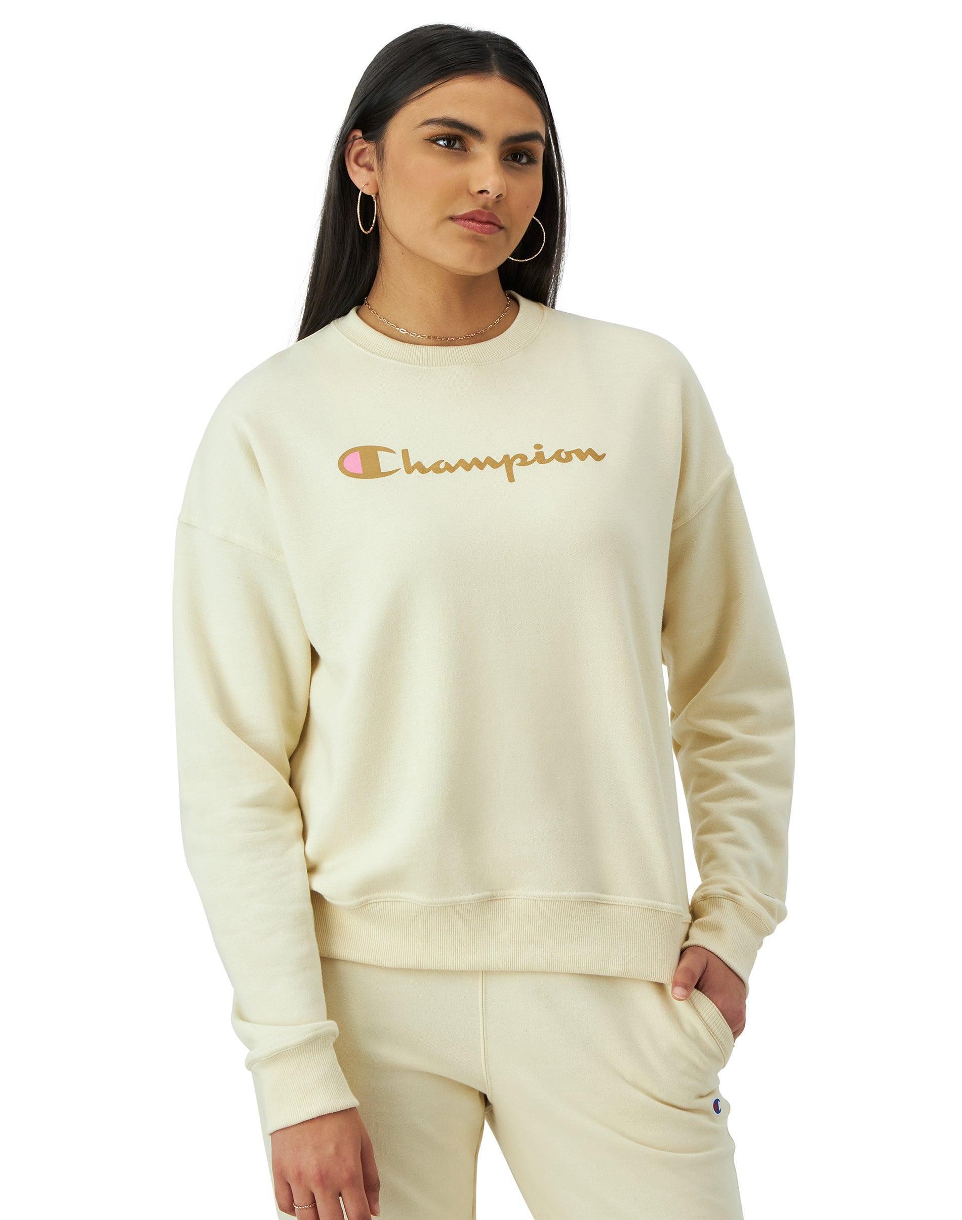 Womens Champion Powerblend Crewneck Sweatshirt, Script Logo Deep Dazzling Blue XS Product Image