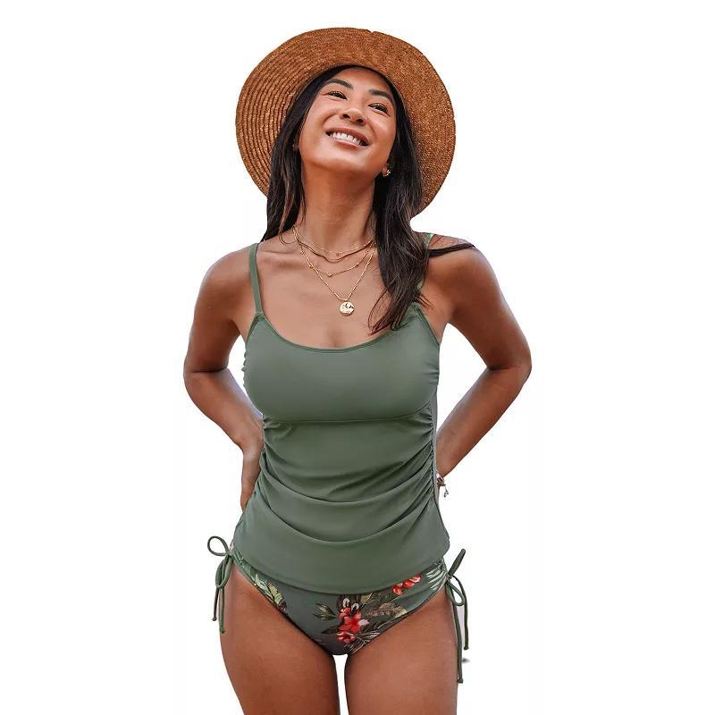Women's Cupshe 2-Piece Ruched Tie Tankini Swim Top & Bikini Swim Bottoms Set, Size: Large, Green Product Image