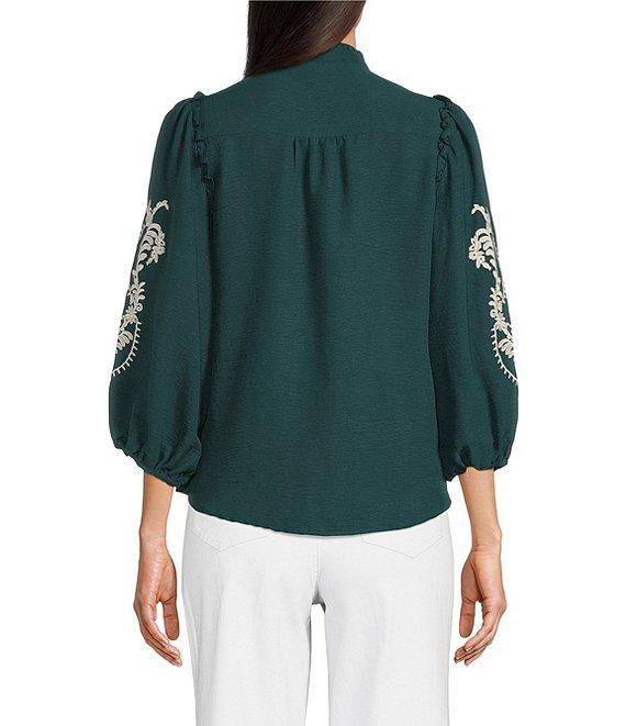 Calessa Petite Size Embroidered Placement Print Ruffle Split V-Neck 3/4 Sleeve Button Front Tunic Product Image