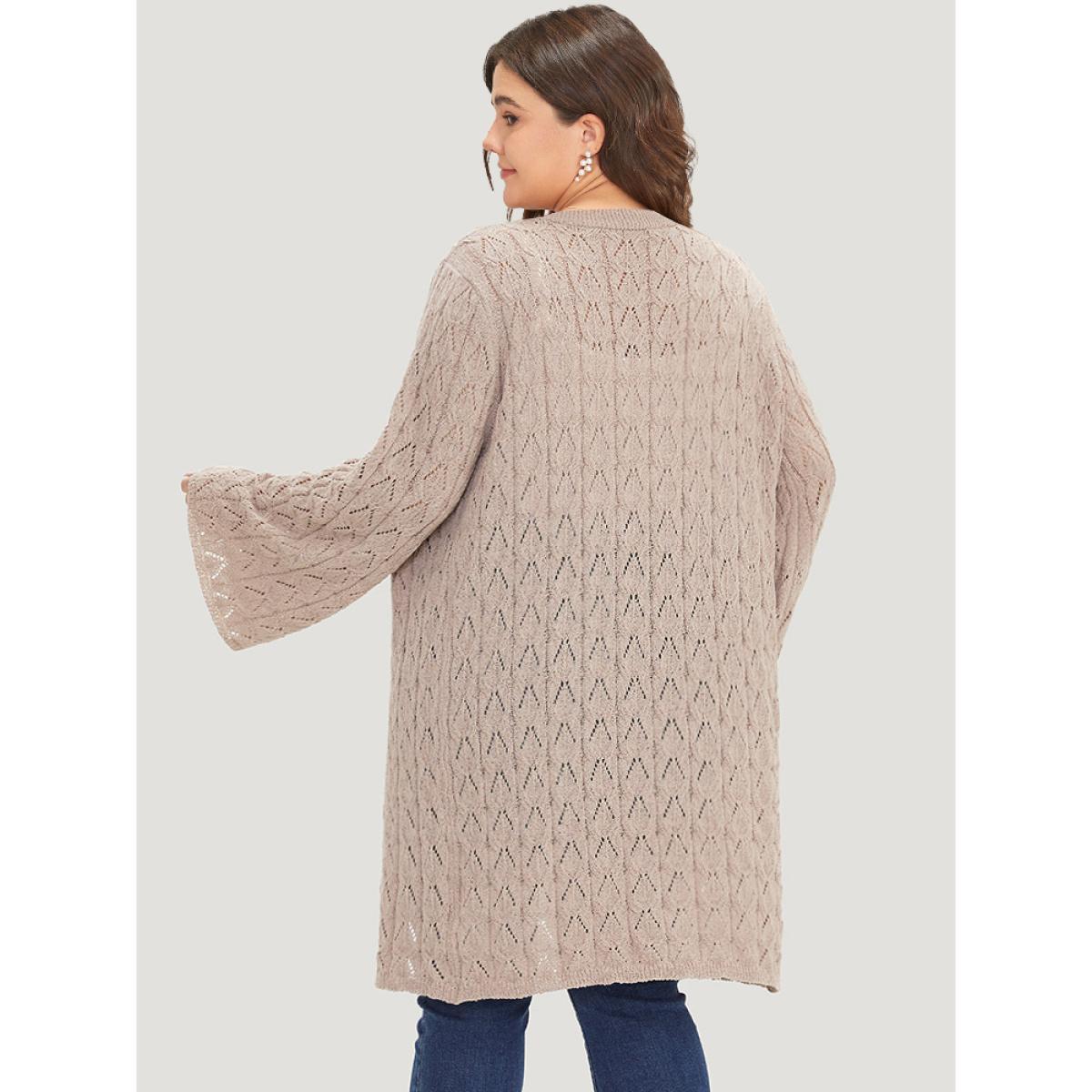 Plus Size Geometric Eyelet Tie Front Bell Sleeve Tunic Cardigan LightBrown Women Casual Loose Long Sleeve Dailywear Cardigans BloomChic 14-16/1X Product Image
