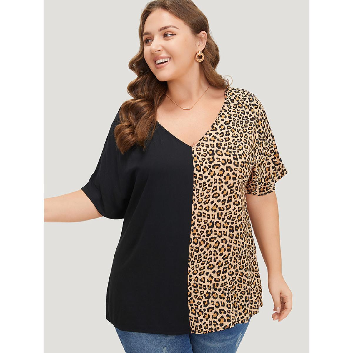 Plus Size Black Leopard Patchwork Dolman Sleeve Blouse Women Elegant Short sleeve V-neck Dailywear Blouses BloomChic 10/M Product Image