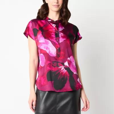 Worthington Womens Henley Neck Short Sleeve Satin Blouse Product Image