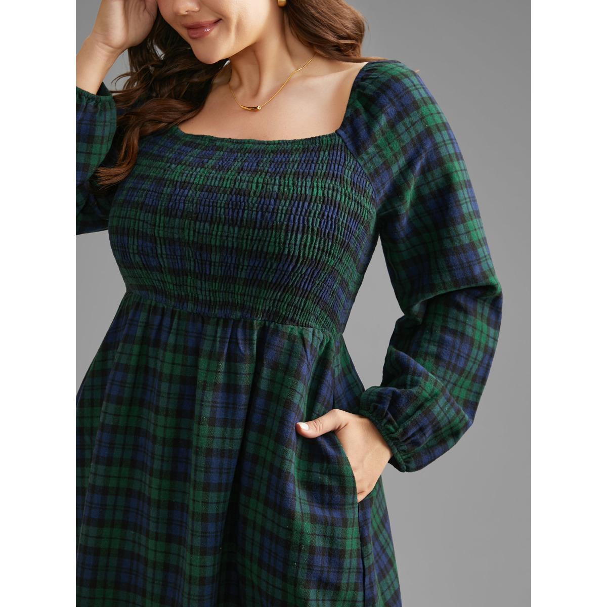 Plus Size Plaid Square Neck Shirred Midi Dress DarkGreen Women Elegant Shirred Square Neck Long Sleeve Curvy BloomChic 30/6X Product Image