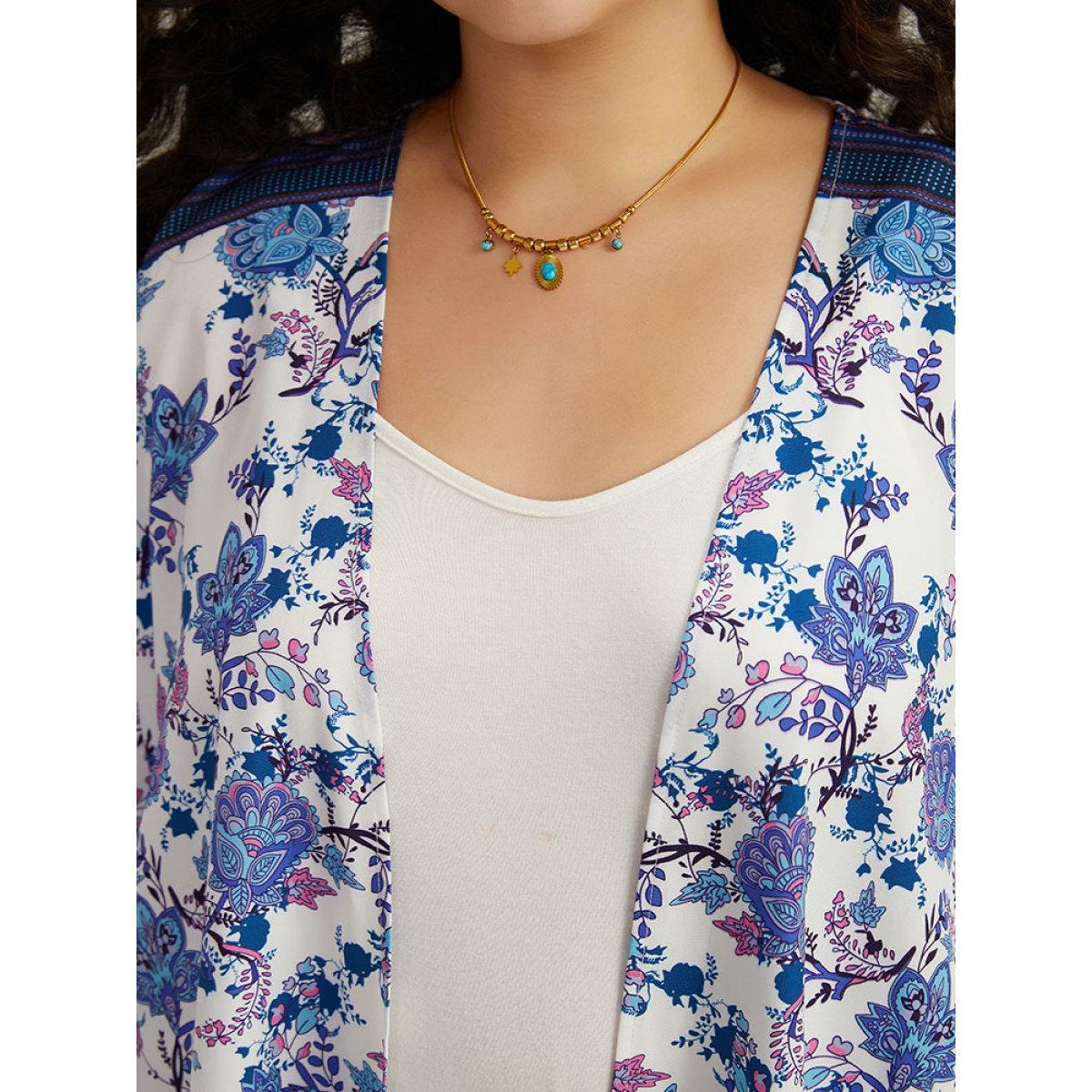 Plus Size Floral Print Tassels Trim Split Side Kimono Women Cerulean Casual Drape Pocket Dailywear Kimonos BloomChic 22-24/3X Product Image