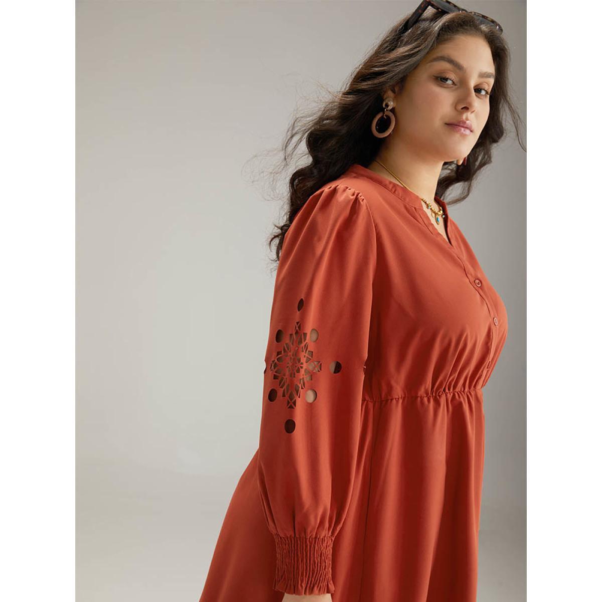 Plus Size Plain Shirred Button Up Laser Cut Dress Maroon Women Vacation Plain Notched collar Long Sleeve Curvy Midi Dress BloomChic 30/6X Product Image
