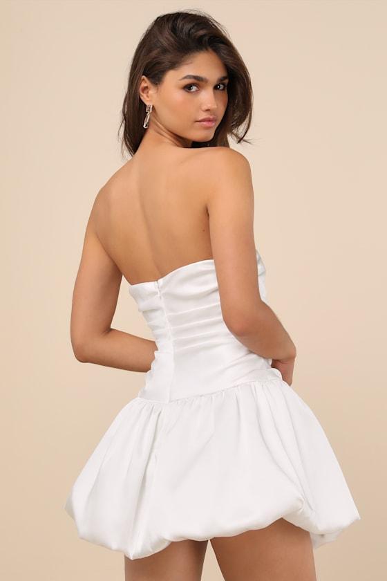 Stately Stunner White Drop Waist Bubble-Hem Mini Dress Product Image