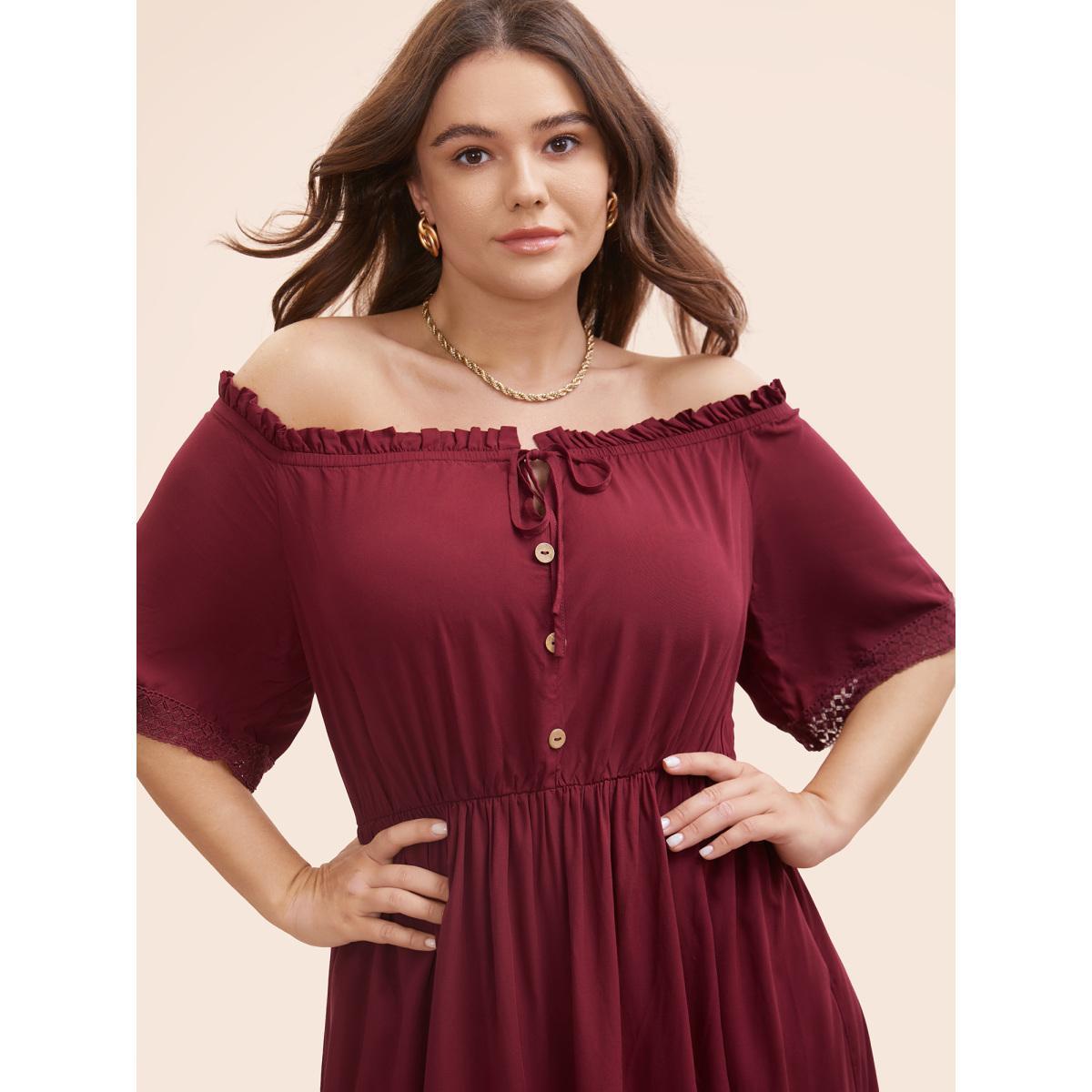 Plus Size Plain Off Shoulder Lace Trim Ruffle Hem Dress Burgundy Women Resort Woven ribbon&lace trim One-shoulder neck Half Sleeve Curvy BloomChic 30/6X Product Image