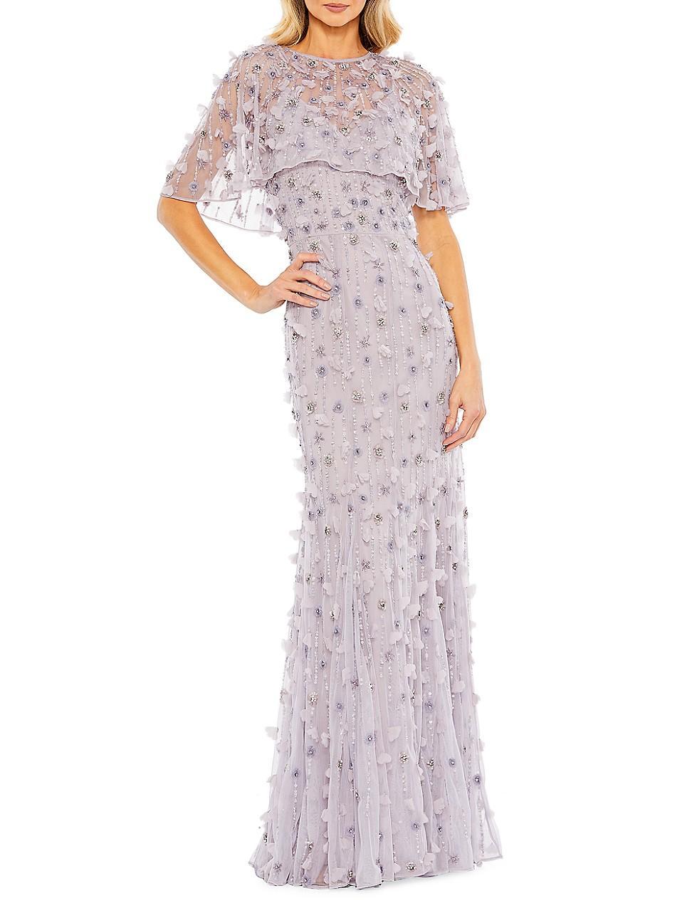 Mac Duggal Beaded Floral Illusion Short Cape Sleeve Sheath Gown Product Image