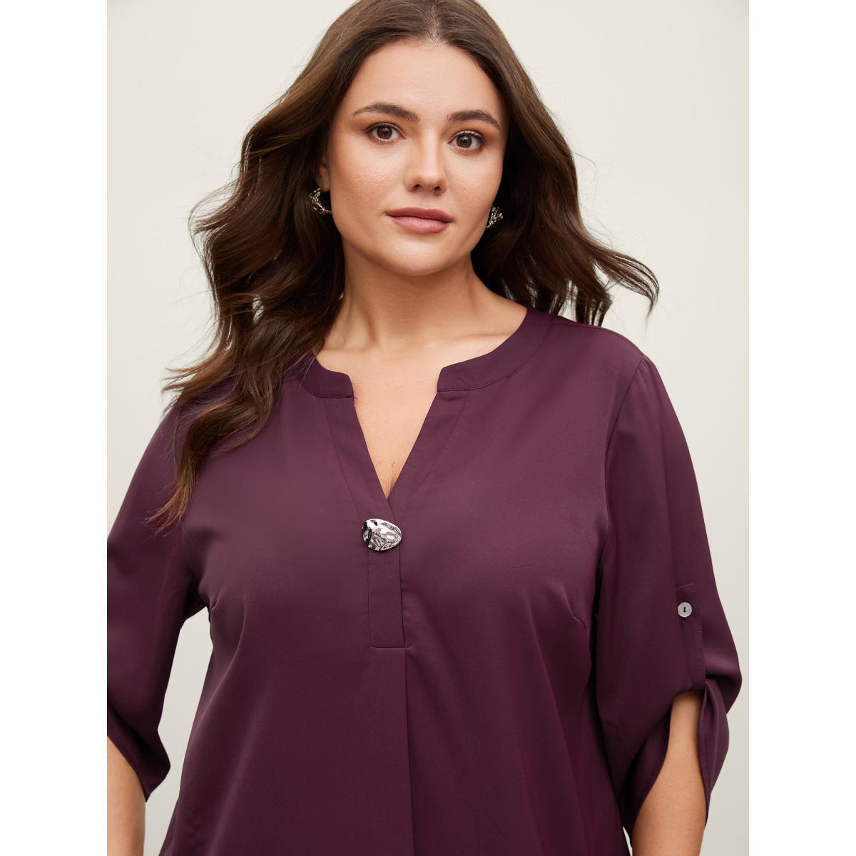 Plus Size Plum Metal Buckle Neckline Solid Blouse Women Elbow-length sleeve Flat collar with V-notch Work Blouses BloomChic 18-20/2X Product Image