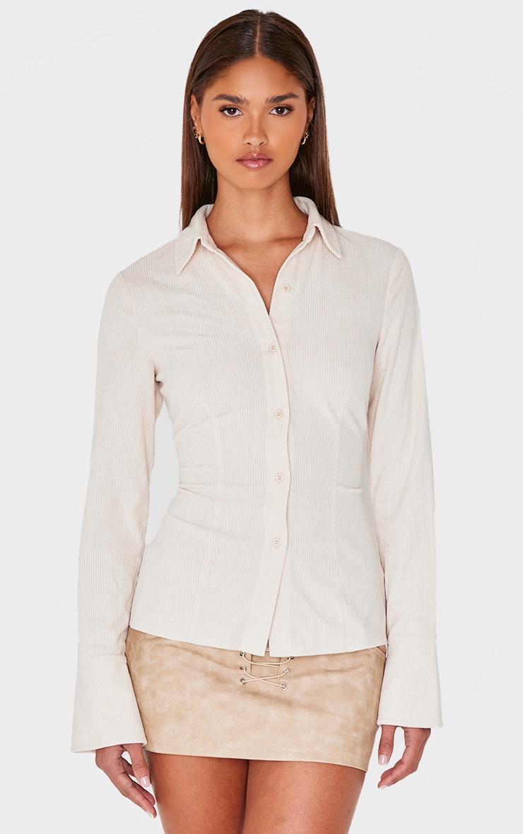 Sand Corduroy Flared Sleeve Fitted Shirt Product Image