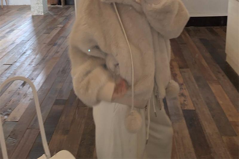 Stand Collar Plain Pom Pom Fluffy Zip-Up Jacket Product Image