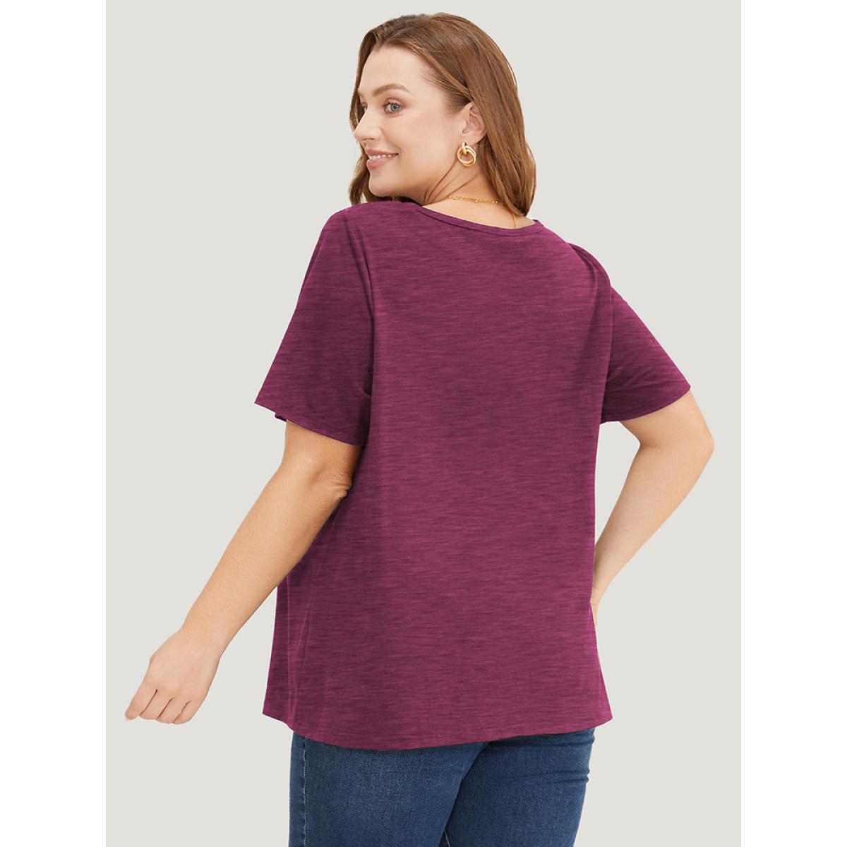 Plus Size Solid Cut Out Crew Neck T-shirt RedViolet Women Elegant Cut-Out Plain Round Neck Dailywear T-shirts BloomChic 12/L Product Image