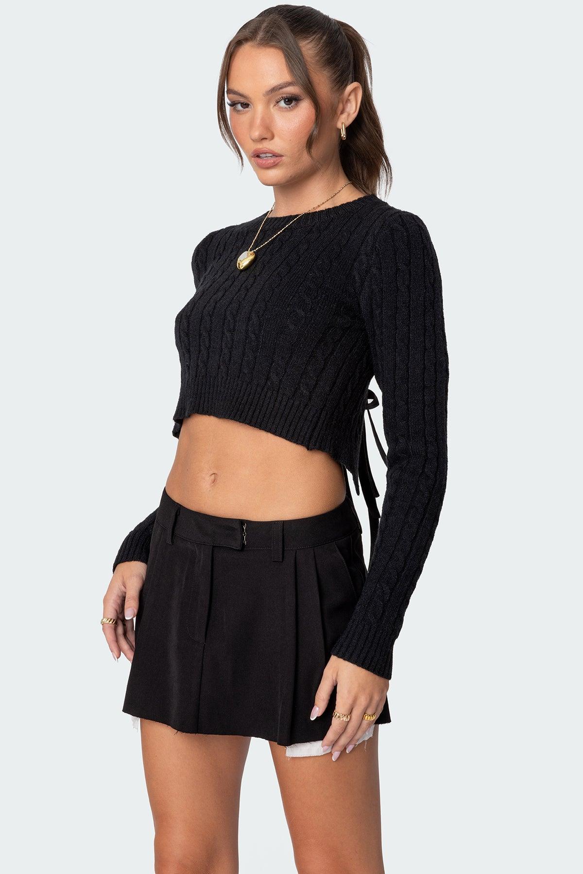 Bow Back Cropped Cable Knit Sweater Product Image
