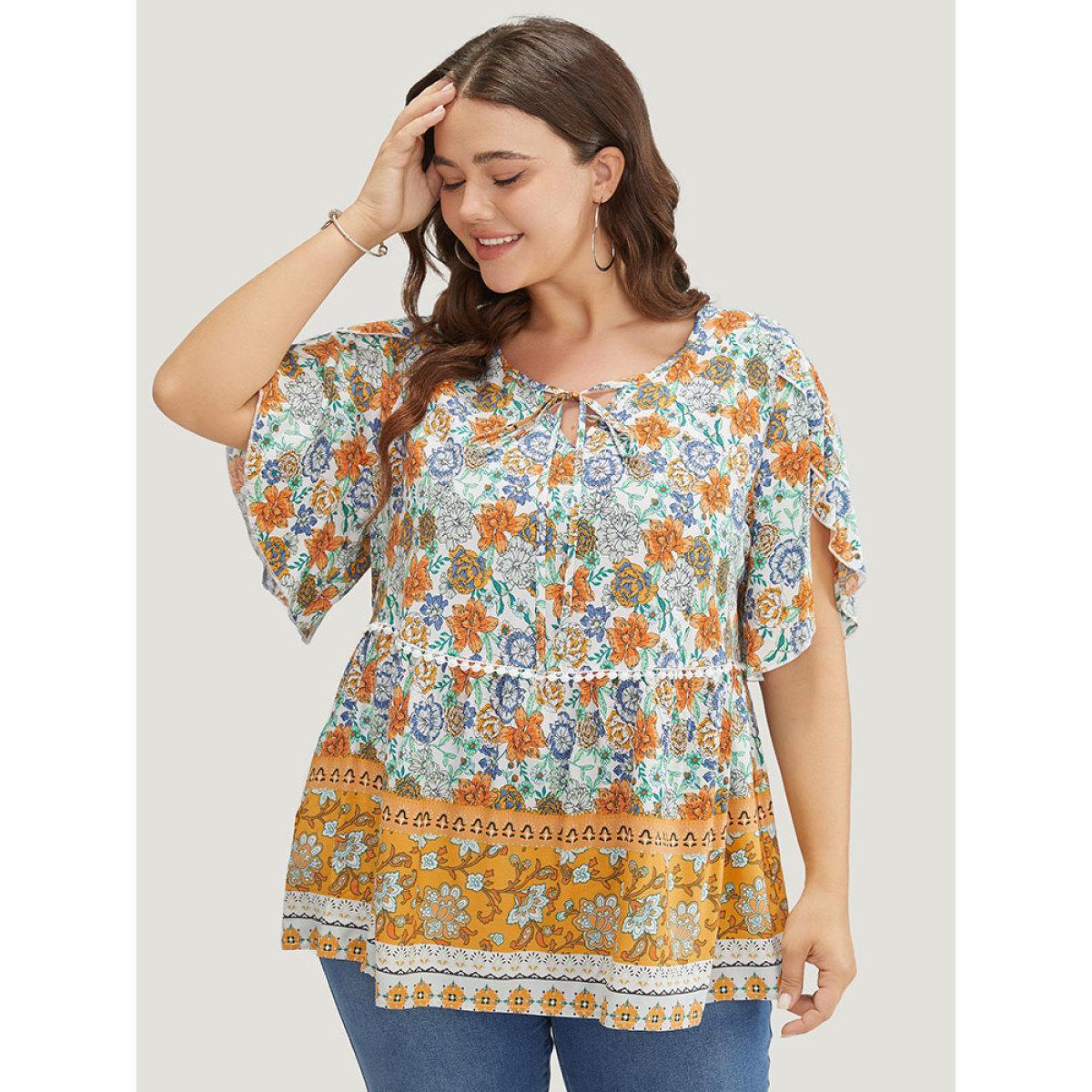 Plus Size Gold Bandana Print Petal Sleeve Tie Neck Pompom Trim Blouse Women Vacation Short sleeve Tie Neck Dailywear Blouses BloomChic 22-24/3X Product Image