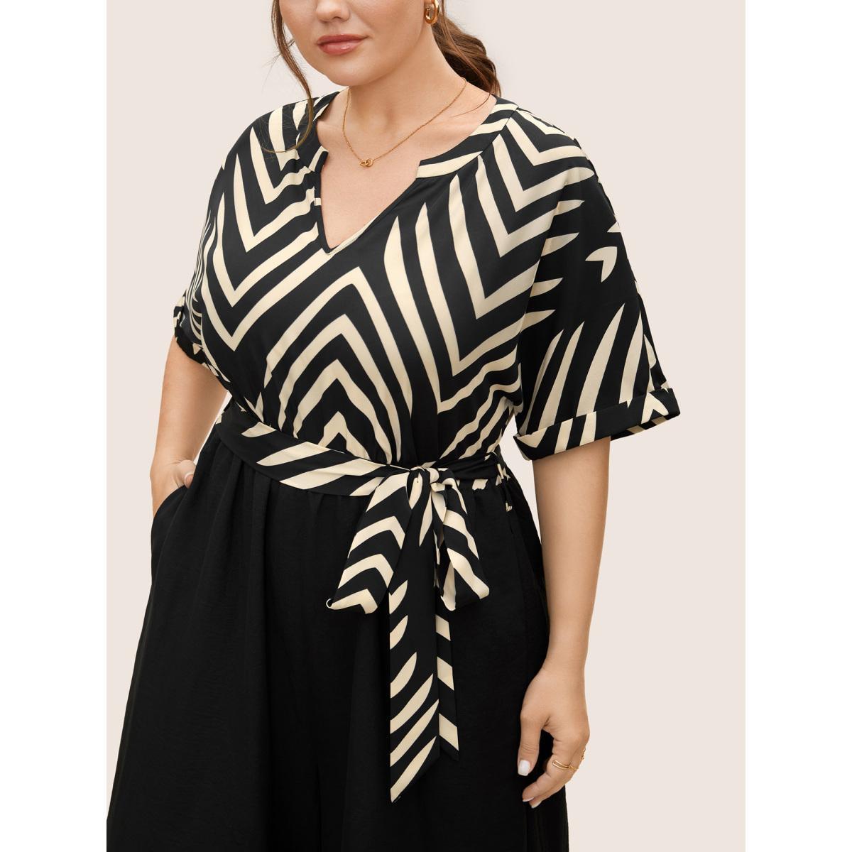 Plus Size Black Striped Patchwork Knot Cuffed Sleeve Jumpsuit Women Work From Home Half Sleeve Flat collar with V-notch Work Loose Jumpsuits BloomChic 14-16/1X Product Image