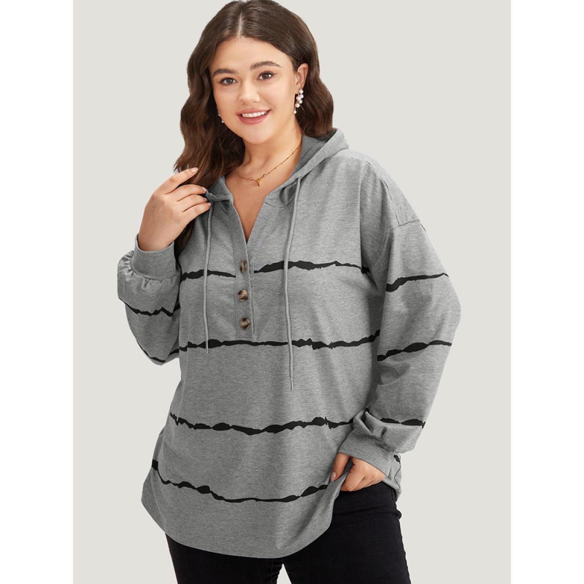 Plus Size Striped Drawstring Hooded Button Up Sweatshirt Women Gray Casual Elastic cuffs Hooded Dailywear Sweatshirts BloomChic 14-16/1X Product Image