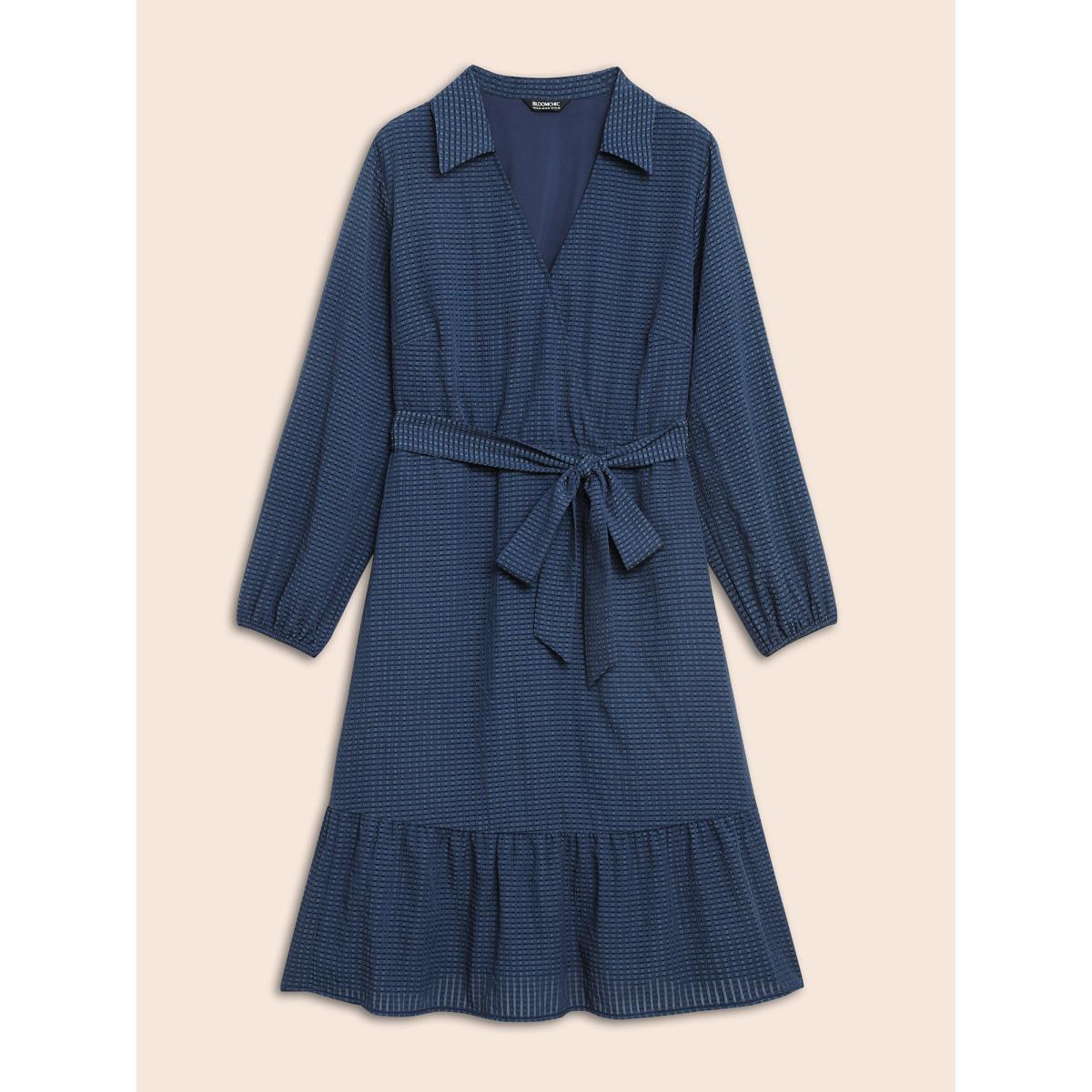 Plus Size Overlap Collar Plain Textured Midi Dress DarkBlue Women Elegant Texture Overlap Collar Long Sleeve Curvy BloomChic 12/L Product Image