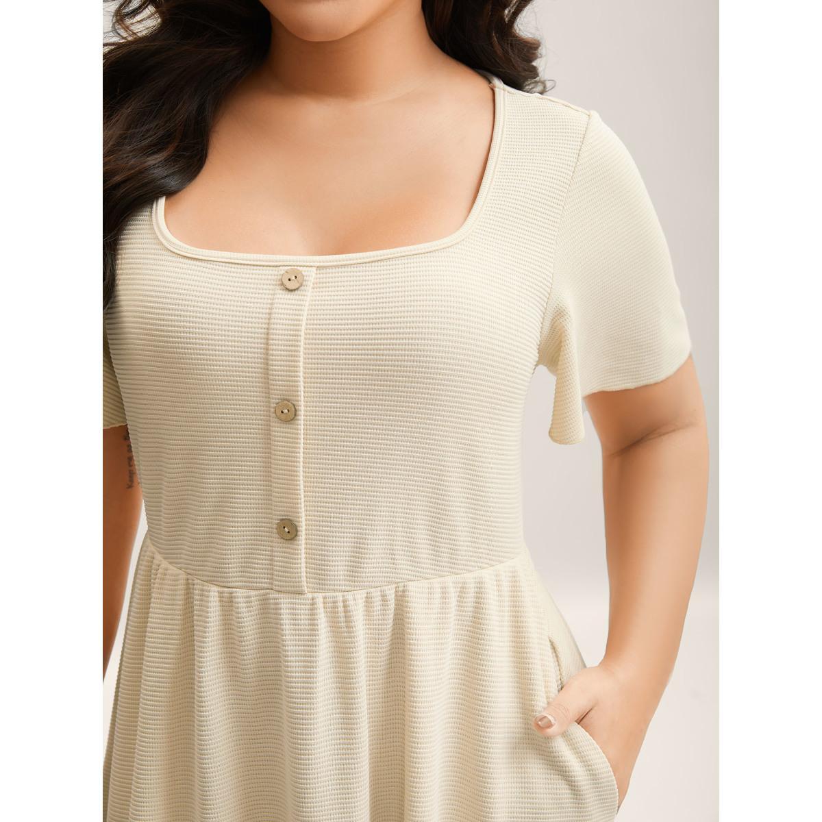 Plus Size Waffle Button Detail Round Neck Midi Dress Apricot Women Elegant Texture Square Neck Short sleeve Curvy BloomChic 18-20/2X Product Image