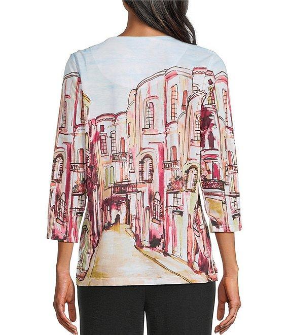 Allison Daley Petite Size Rue Paris Print Embellished 3/4 Sleeve Crew Neck Knit Top Product Image