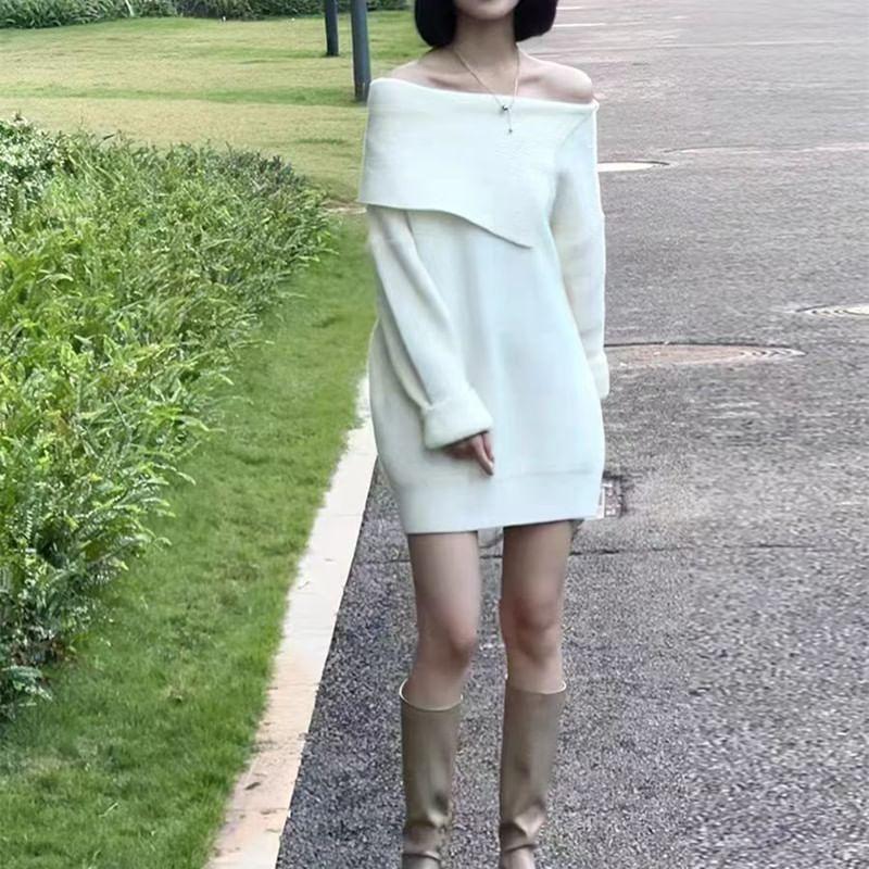 Off Shoulder Plain Mini Sweater Dress Product Image