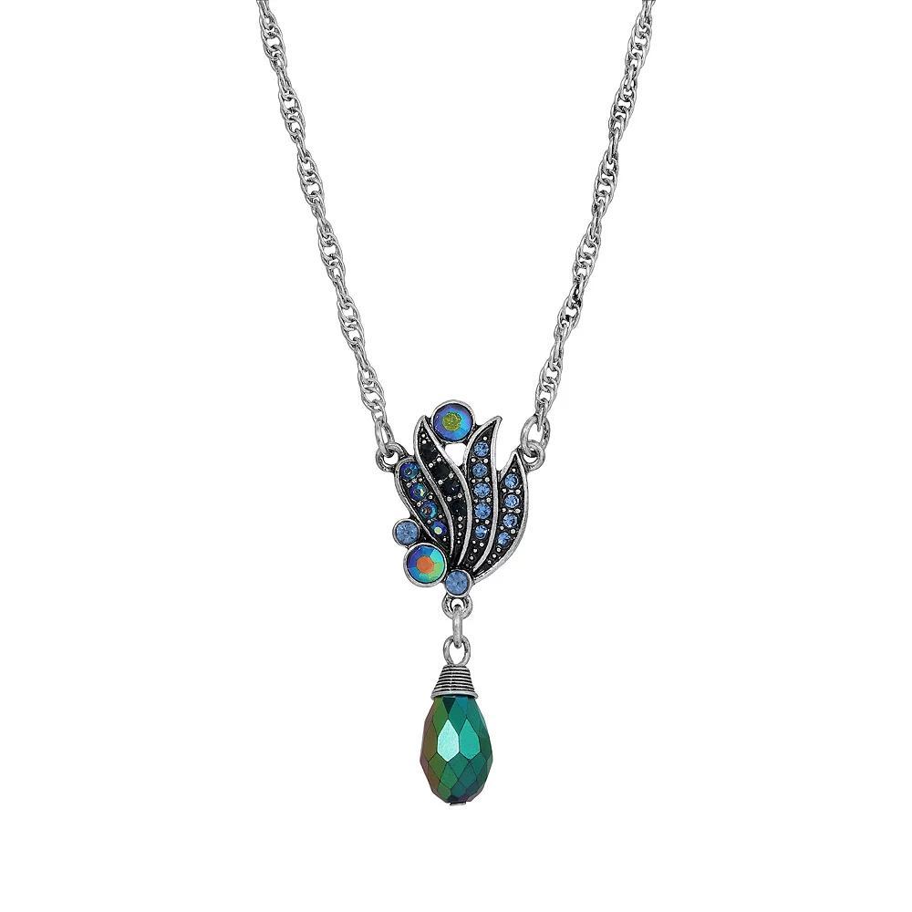 1928 Silver Tone Blue Iridescent Drop Pendant Necklace, Womens Product Image